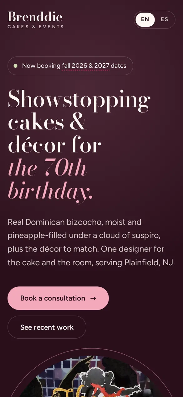 Brenddie Cakes & Events homepage on mobile